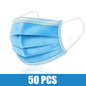 Black disposable face mask with earloops, 3-layer meltblown non-woven breathable material, available in pink, blue, black, and white.
