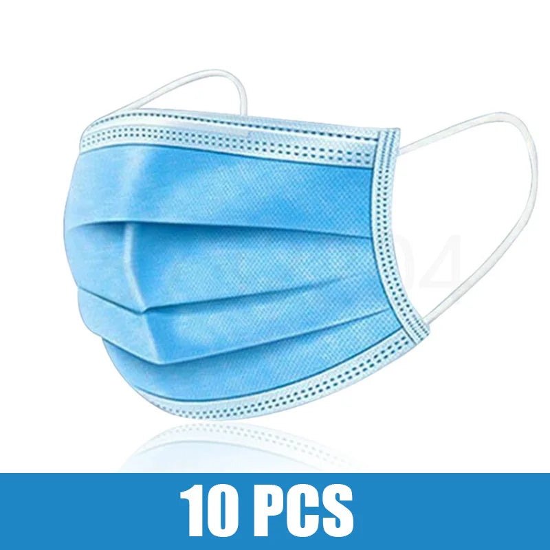 Black disposable face mask with earloops, 3-layer meltblown non-woven breathable material, available in pink, blue, black, and white.