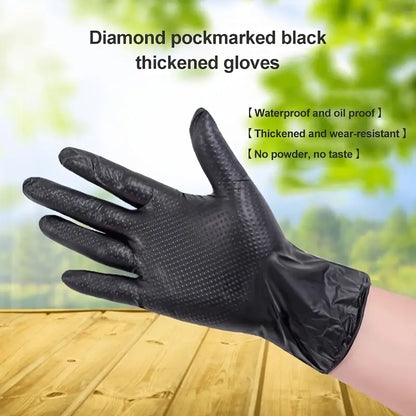 Black nitrile gloves with diamond pattern from BACKUPMYFILESNOW.COM®, 50-pack, designed for durability and protection.