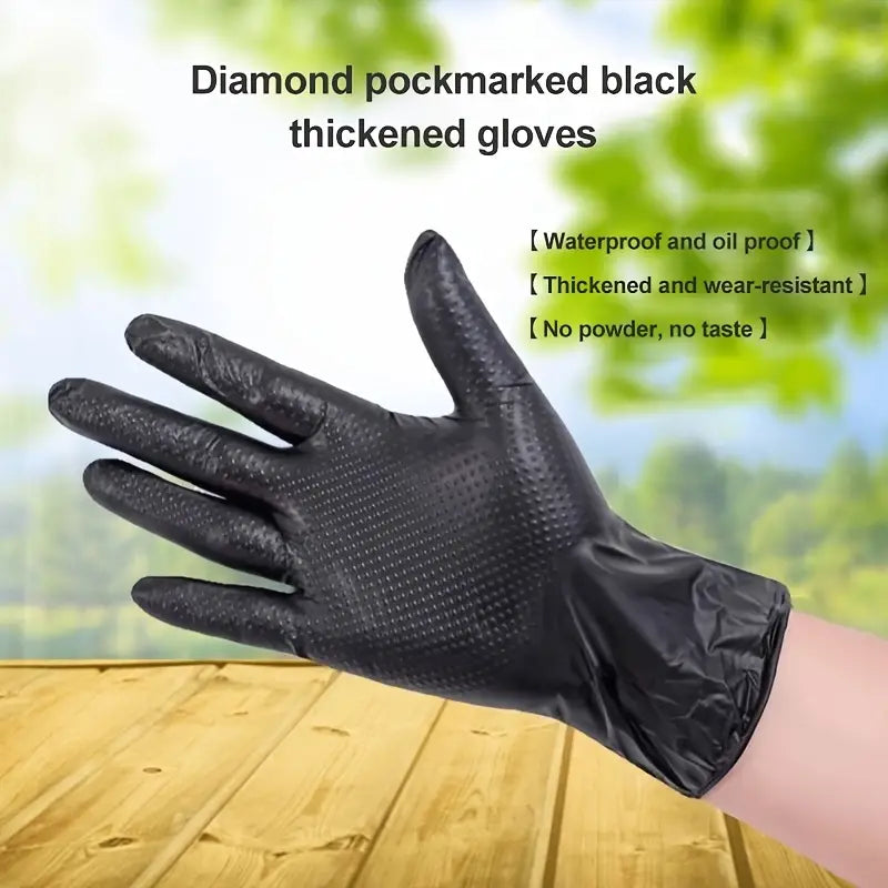 Black diamond pattern nitrile gloves by BACKUPMYFILESNOW.COM®, 50-pack, showing textured surface and snug fit for protection and grip.
