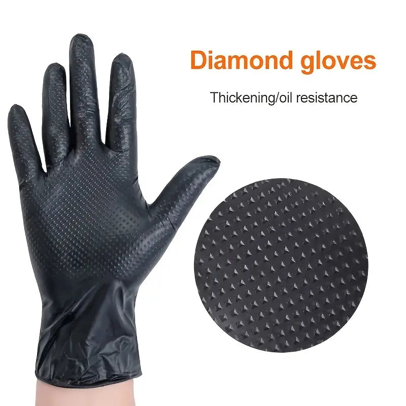 Black nitrile gloves with diamond pattern, designed for durability and grip, from BACKUPMYFILESNOW.COM® in a 50-piece pack.