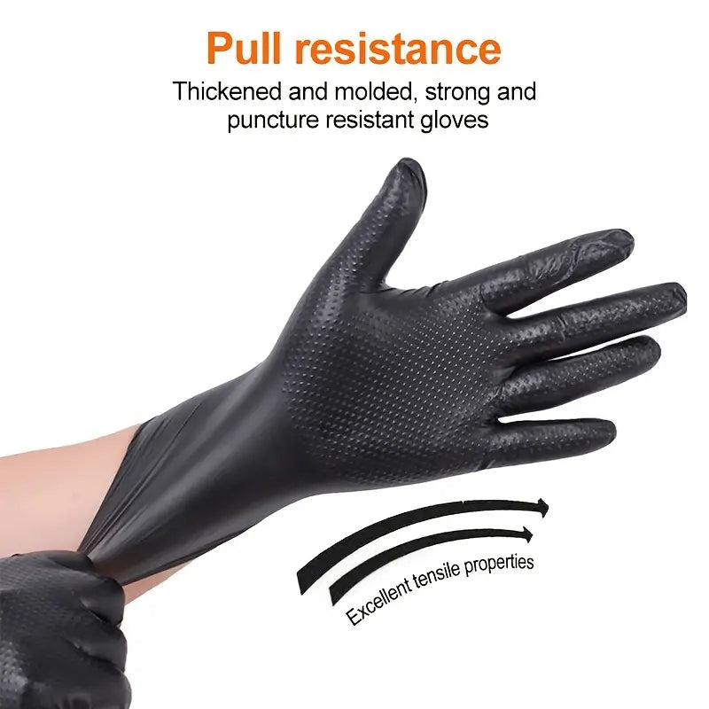 Black diamond pattern nitrile gloves by BACKUPMYFILESNOW.COM®, 50-pack, showing textured surface and snug fit for hand protection.