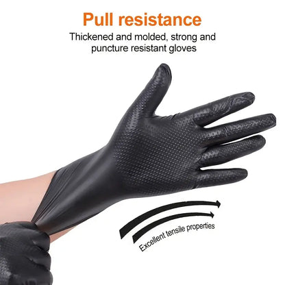 Black diamond pattern nitrile gloves by BACKUPMYFILESNOW.COM®, 50-pack, showing textured surface and snug fit for hand protection.