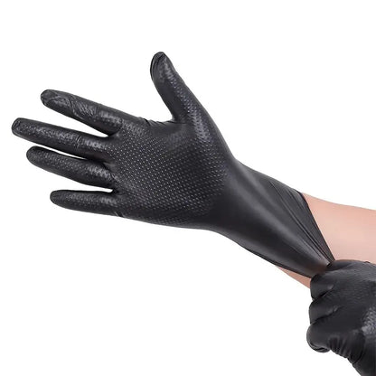 Black Diamond Pattern Nitrile Gloves by BACKUPMYFILESNOW.COM®, 50-pack, showing textured surface for durability and grip.