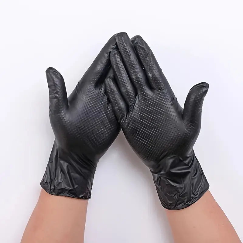 Black Diamond Pattern Nitrile Gloves by BACKUPMYFILESNOW.COM®, pack of 50, showing textured surface for grip and protection.