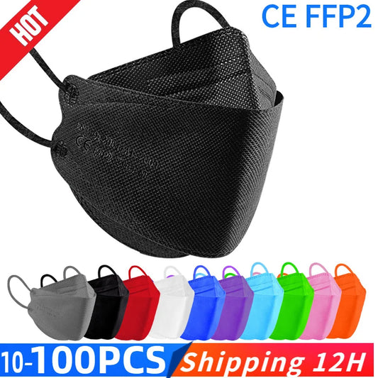 Blue fish-shaped KN95 face mask for adults, multi-layer FFP2 respirator mask with adjustable ear straps and nose clip.