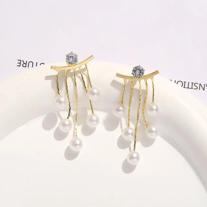 925 silver Korean fashion pearl tassel earrings with zircon accents for women, featuring elegant pearl and crystal details.