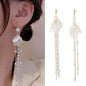 925 silver Korean fashion pearl tassel earrings for women with zircon accents, featuring elegant pearl and crystal details.