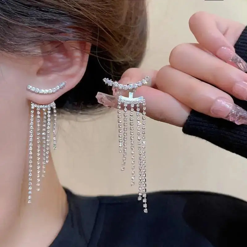 925 silver Korean fashion pearl tassel earrings for women featuring zircon accents and elegant pearl dangles.