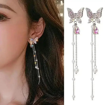 925 silver Korean fashion pearl tassel earrings for women, featuring zircon and pearl accents with elegant dangle design.
