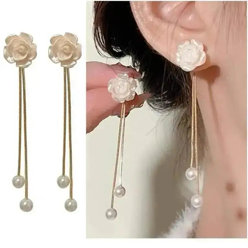925 silver Korean fashion pearl tassel earrings for women with zircon accents, featuring crystal and pearl details in a luxury design