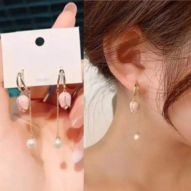 925 silver Korean fashion pearl tassel earrings for women with zircon accents and delicate pearl details, trendy luxury jewelry.