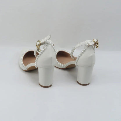 Elegant BaoYaFang bridal wedding shoes for women with 5cm thin heel, pointed toe, pearl details, ankle strap, and buckle.
