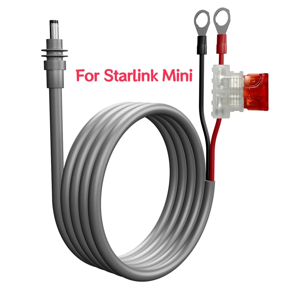 Starlink Mini power cable extension harness with waterproof DC plug, 18AWG automotive fuse holder, designed for DIY wiring projects.