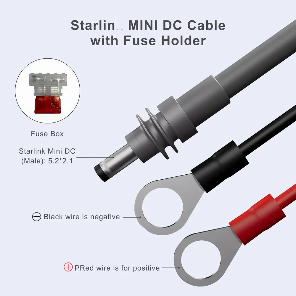 BackupMyFilesNow Starlink Mini power cable extension harness with waterproof DC plug, 18AWG fuse holder, DIY wiring for outdoor use.