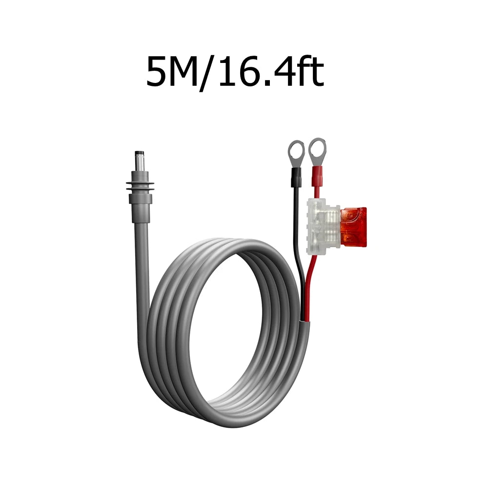 Starlink Mini power cable extension harness with 18AWG fuse holder, waterproof ATC/ATO DC plug, black wire, and automotive connectors.