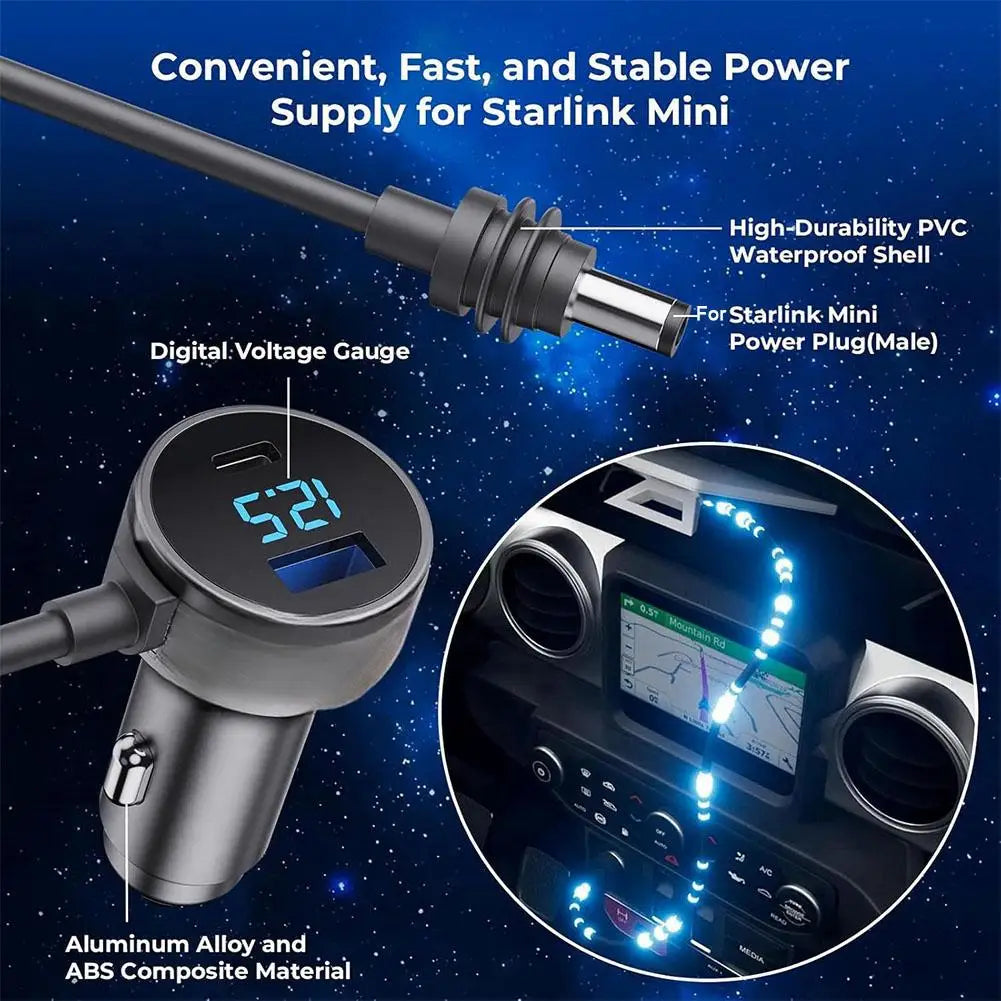 Starlink Mini 3-in-1 digital display car charger with USBA+C interface and DC power cable, compatible with Starlink Mini devices.