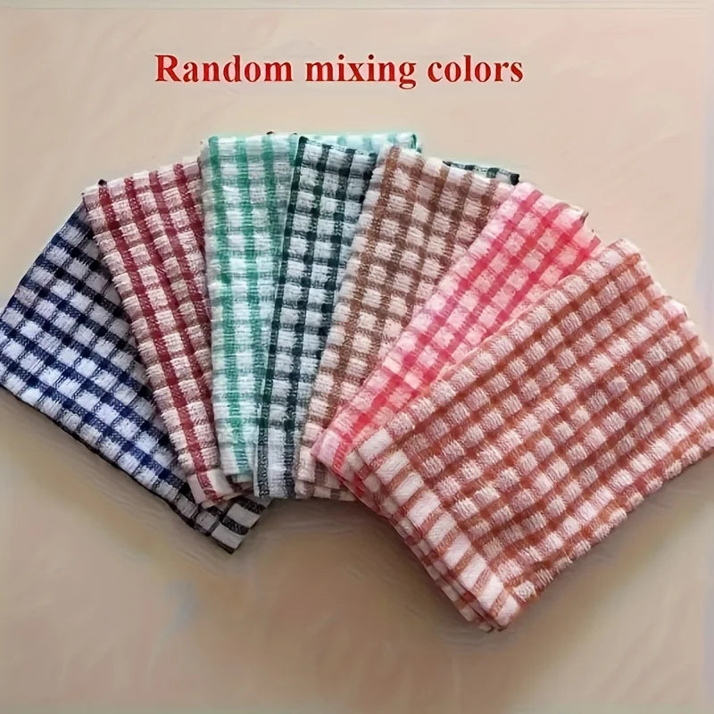 Set of five absorbent plaid dishcloths from BackupMyFilesNow.com in various colors for kitchen cleaning and table wiping.