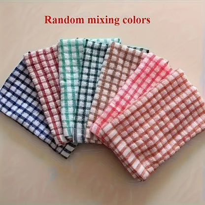 Set of five absorbent plaid dishcloths from BackupMyFilesNow.com in various colors for kitchen cleaning and table wiping.