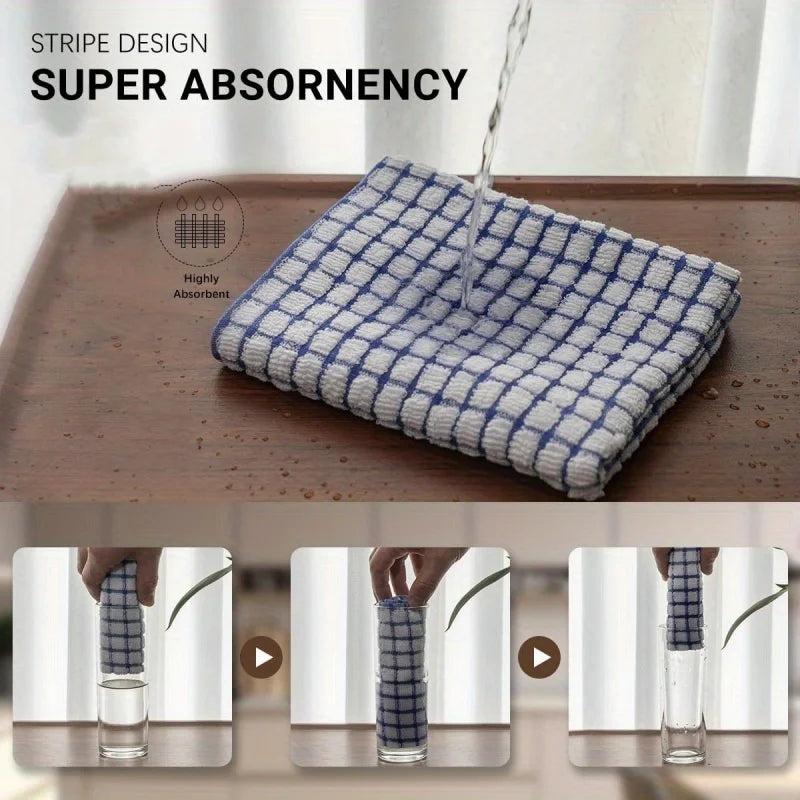 Set of five absorbent plaid dishcloths in various colors for kitchen cleaning and table wiping, reusable and versatile cleaning cloths.