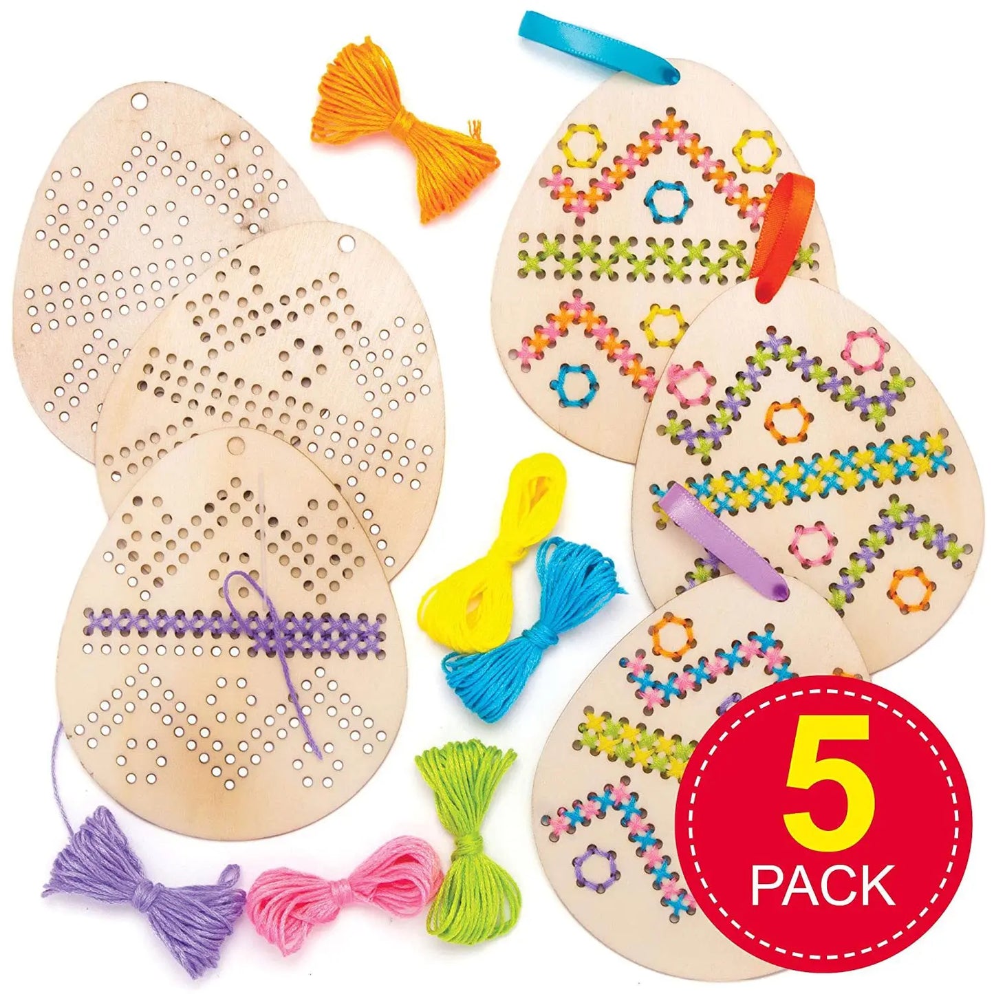 DIY embroidery kit with wooden Easter egg crafts for children, includes sewing supplies for Easter decoration and crafting fun.