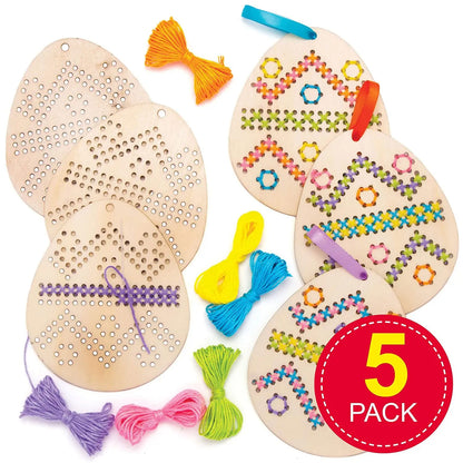 DIY embroidery kit with wooden Easter egg crafts for children, includes sewing supplies for Easter decoration and crafting fun.