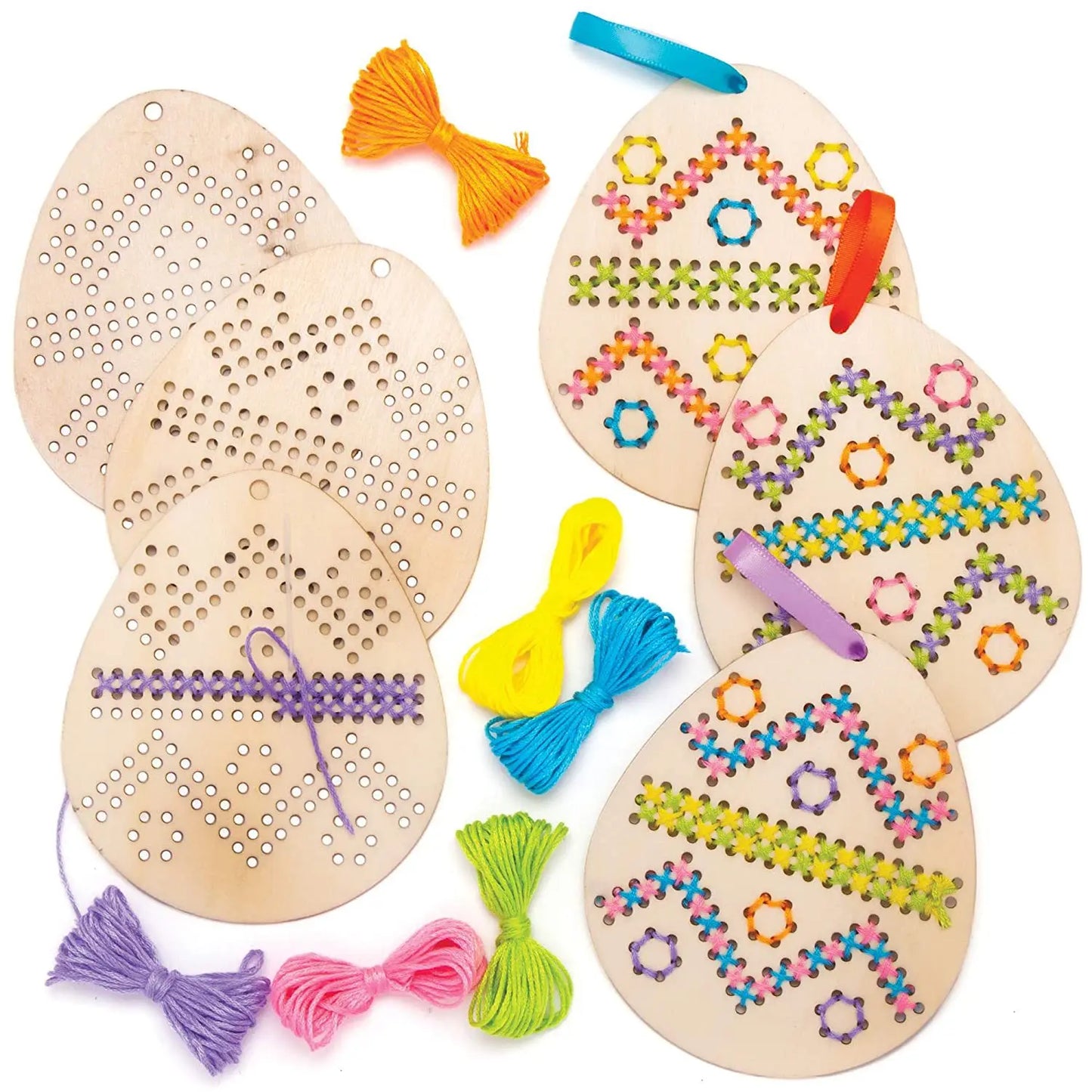 DIY embroidery kit featuring wooden Easter egg crafts for children, includes sewing supplies for Easter decoration projects.