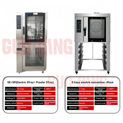 Commercial CE ETL 5/10/12 tray convection oven with steam injection, hot air circulation, and combi steam oven features.