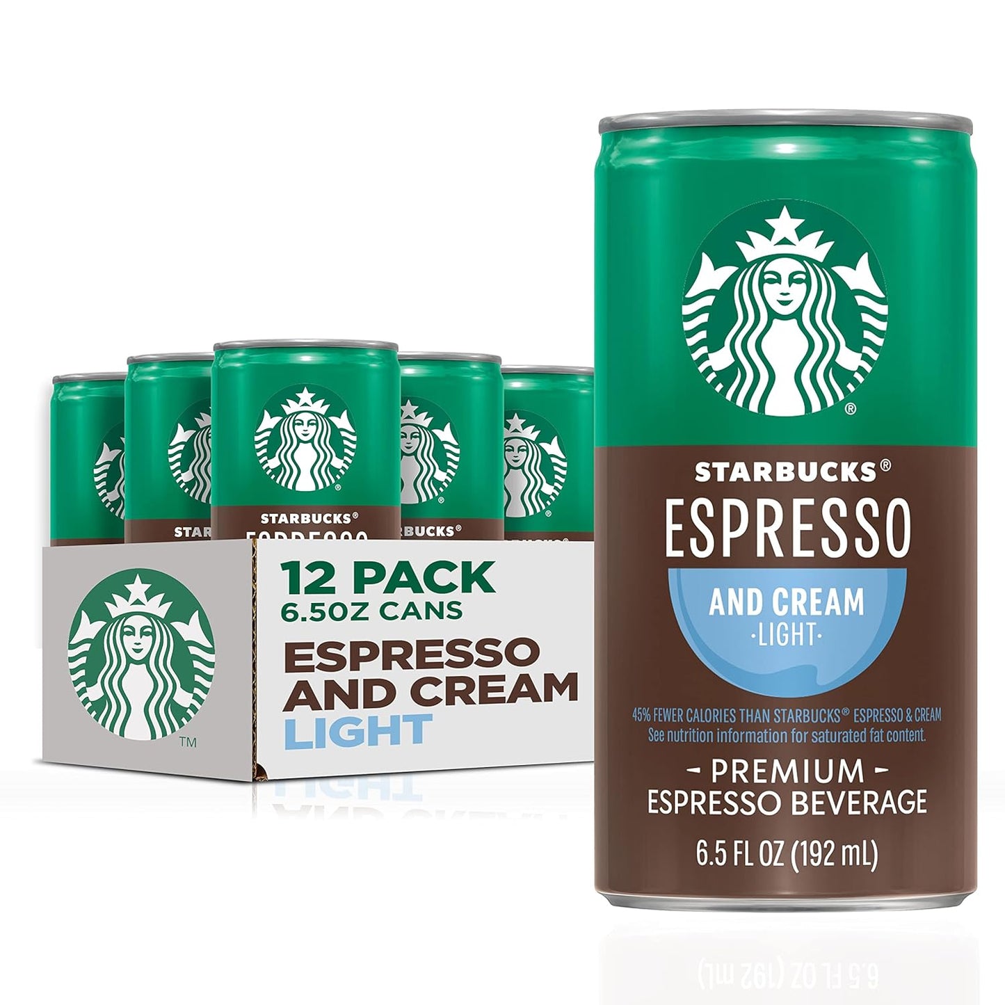 Pack of 12 Starbucks Espresso & Cream cans, 6.5 fl oz each, showing the canned coffee beverage with branding.
