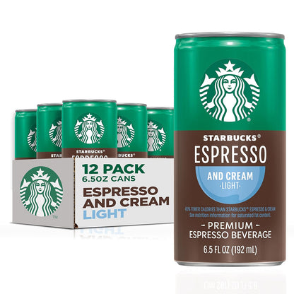 Pack of 12 Starbucks Espresso & Cream cans, 6.5 fl oz each, showing the canned coffee beverage with branding.