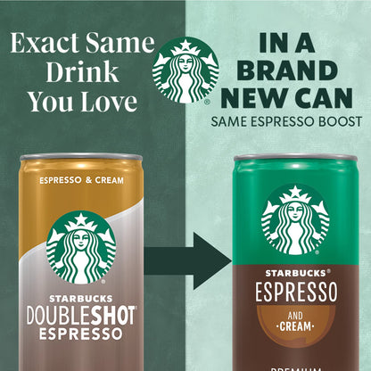 Six packs of Starbucks Espresso & Cream cans, 6.5 fl oz each, arranged in a row, with visible branding on the cans.