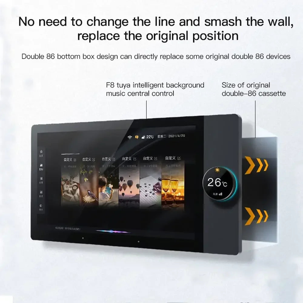 Tuya Smart Home 8-inch multifunction touch screen with background music, ZigBee gateway and central control panel for smart home integration.