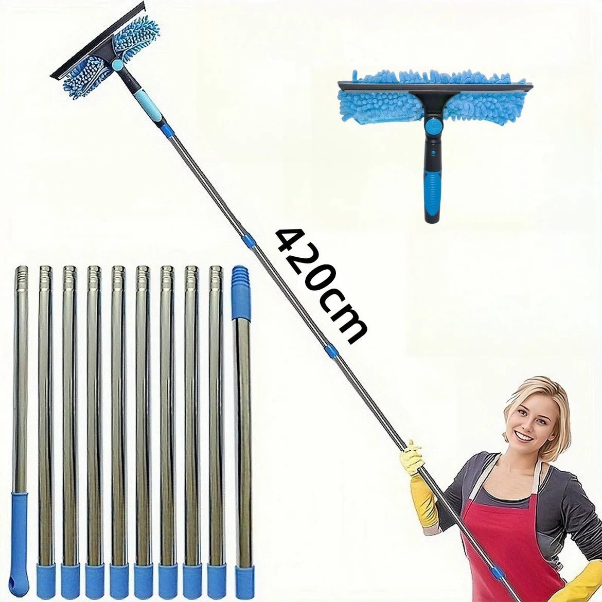 Extended window cleaning kit with double-sided squeegee, duster, and mop featuring 180° swivel for glass and window cleaning.