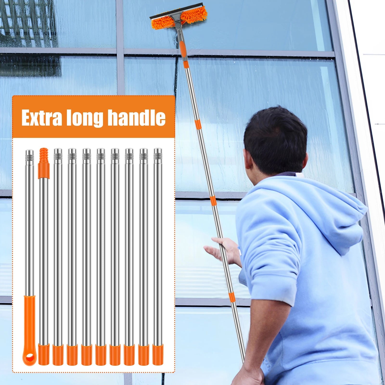 BACKUPMYFILESNOW.COM® 2-in-1 extended window cleaning kit with double-sided squeegee, duster, mop, and 180° swivel for glass cleaning.