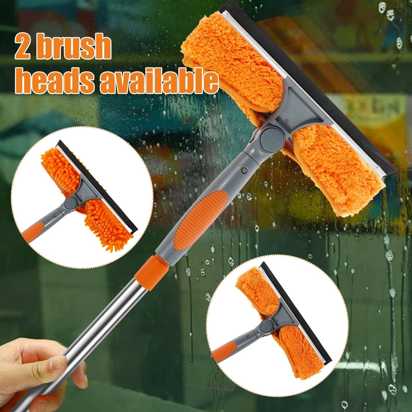 Extended window cleaning kit with double-sided squeegee, duster, and mop featuring a 180° swivel for efficient glass cleaning.