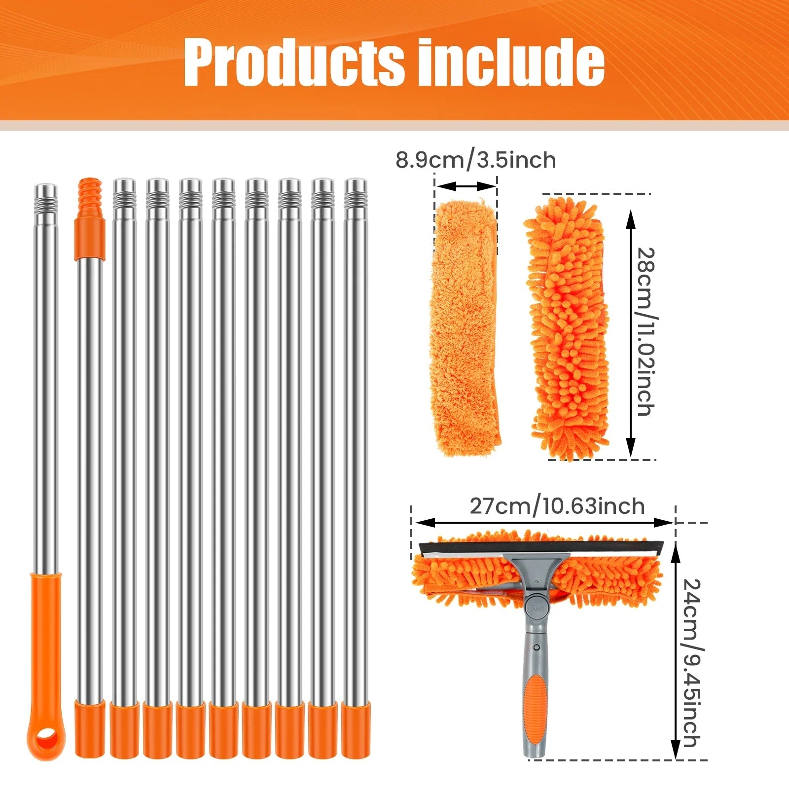 BackupMyFilesNow® 2-in-1 extended window cleaning kit with double-sided glass squeegee, duster, mop, and 180° swivel for easy cleaning.