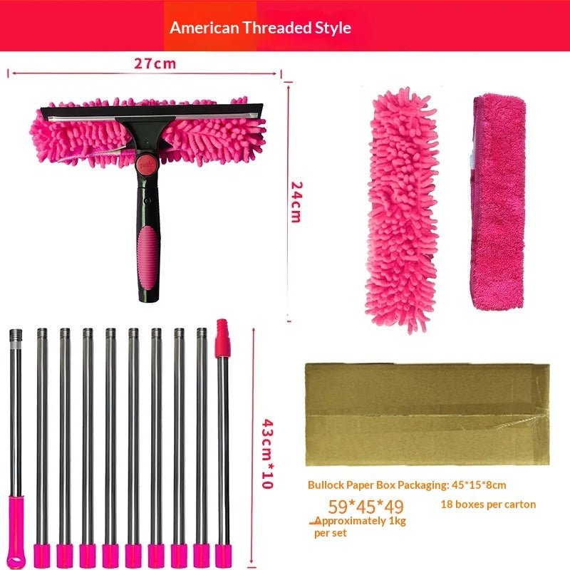 Extended window cleaning kit with double-sided glass squeegee, duster, mop, and 180° swivel handle for easy window cleaning.