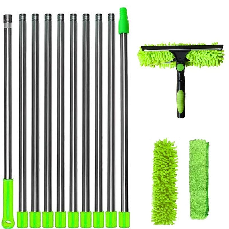 Extended window cleaning kit with double-sided glass squeegee, duster, and mop featuring 180° swivel for easy window cleaning.