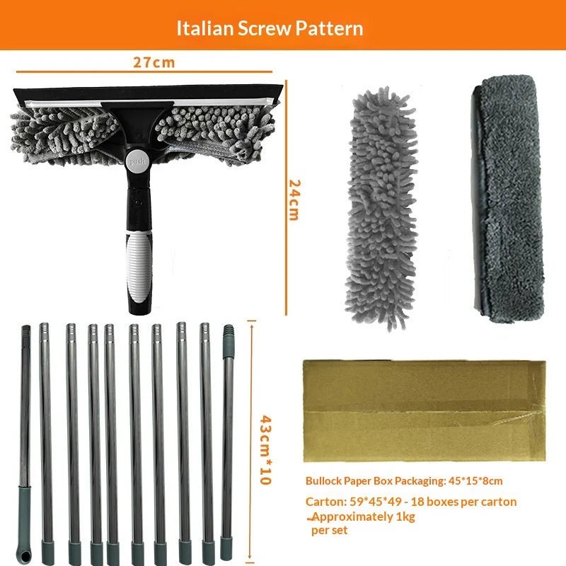 Extended window cleaning kit with double-sided glass squeegee, duster, and mop, featuring 180° swivel for easy window cleaning.