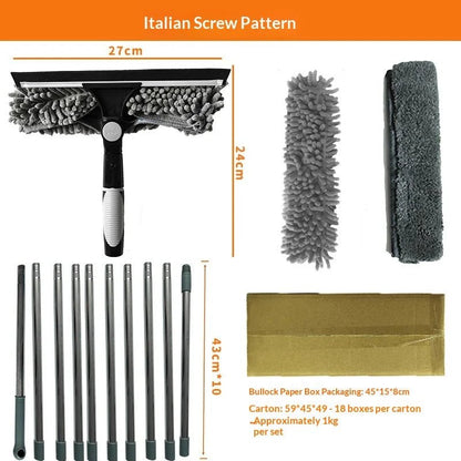 Extended window cleaning kit with double-sided glass squeegee, duster, and mop, featuring 180° swivel for easy window cleaning.