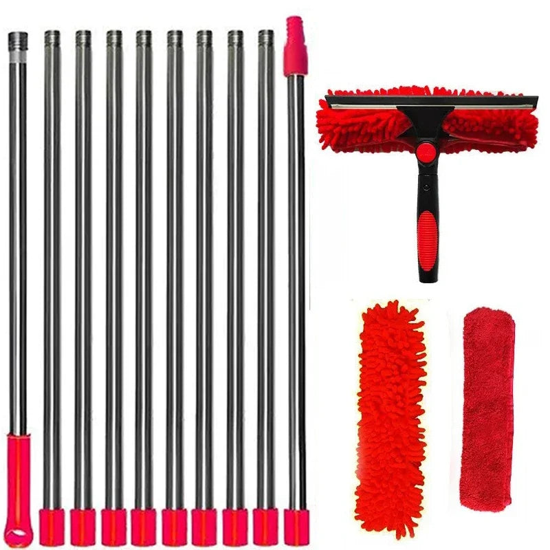Extended window cleaning kit with double-sided squeegee, duster, and mop, featuring a 180° swivel for versatile glass cleaning.