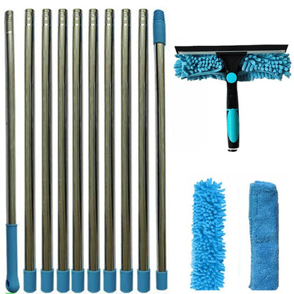 Extended window cleaning kit with double-sided glass squeegee, duster, and mop featuring 180° swivel for easy window cleaning.