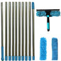 Extended window cleaning kit with double-sided glass squeegee, duster, and mop featuring 180° swivel for easy window cleaning.