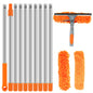 Extended window cleaning kit with double-sided glass squeegee, duster, and mop featuring 180° swivel for easy window cleaning.
