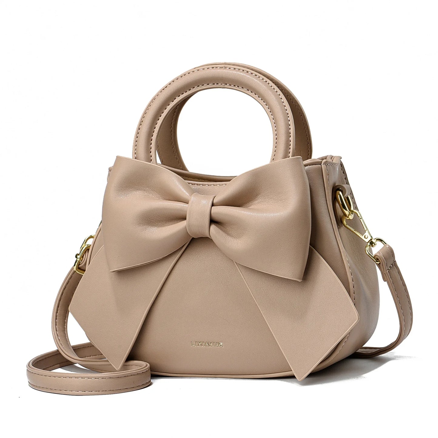 Fashion casual women's handbags with cute bows in black, white, blue, and khaki, featuring trendy PU material and shoulder design.