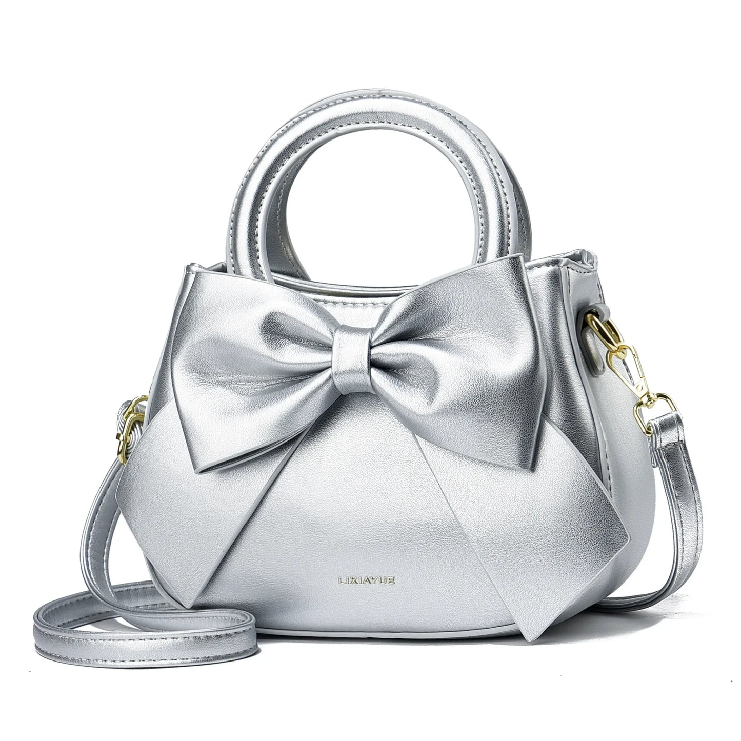 Casual women's handbags with cute bows in black, white, blue, and khaki, featuring PU material, shoulder and underarm style.