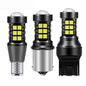 Two white LED car signal bulbs, 1156 BA15S T15 W16W 7440 W21W T20 3030 LED bulbs for brake, reverse, and signal lights.