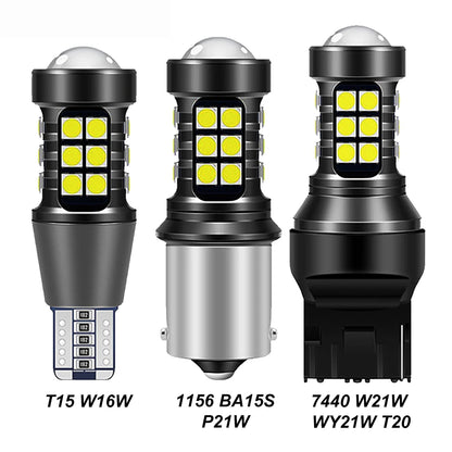 Pair of white 1156 BA15S LED bulbs for car signal, brake, reverse lights, compatible with T15, W16W, 7440, and T20 sockets.