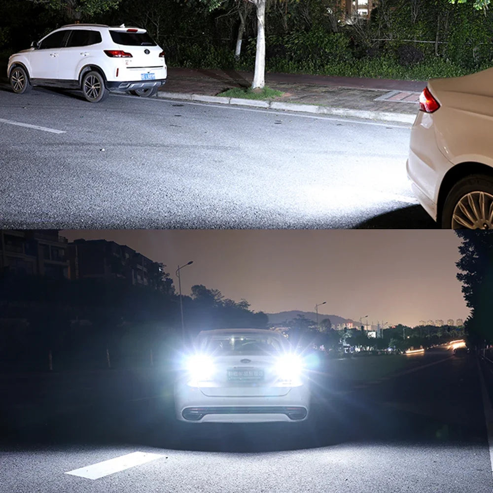 Two white LED car signal and brake bulbs, 1156 BA15S P21W T15 W16W 7440 W21W T20 3030 series, for auto reverse and brake lights.