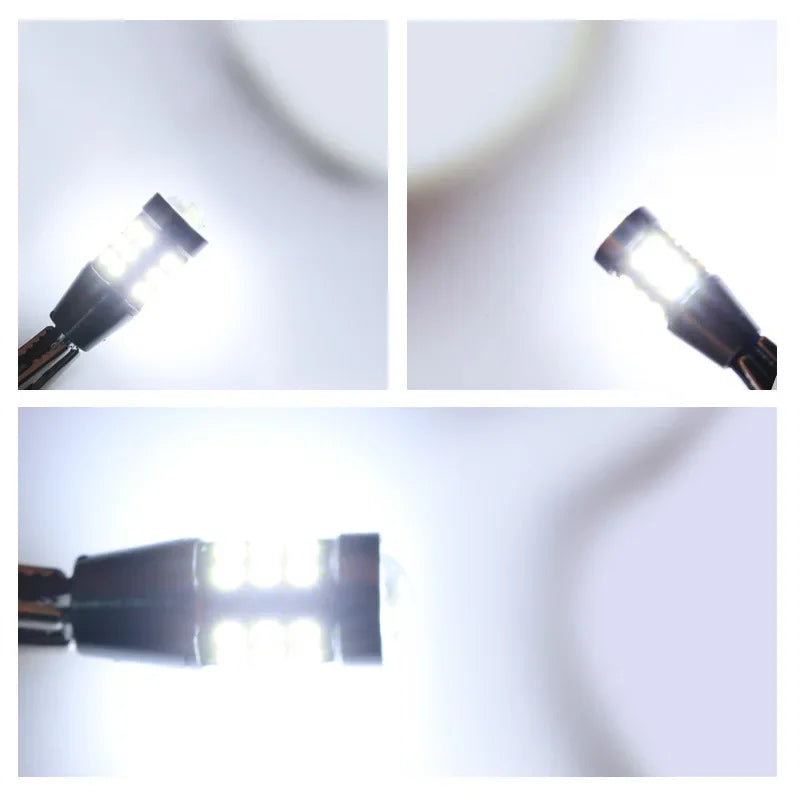 Two white LED bulbs for car signals, brake, reverse lights, compatible with 1156 BA15S P21W T15 W16W 7440 W21W T20 sockets.